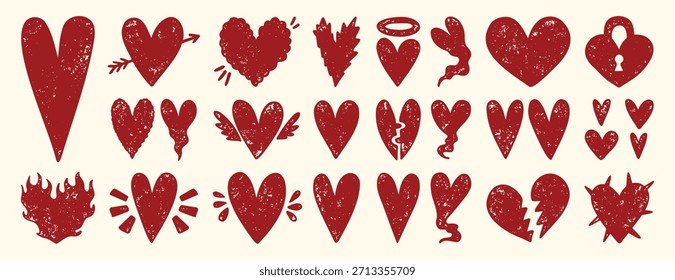 Corazones con textura grunge en un estilo romántico agresivo audaz, símbolos de amor rojos o rosados dibujados a mano. Ilustración vectorial