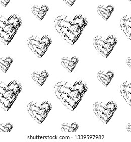 Grunge textured hearts seamless vector pattern. Hand drawn graphic style. 
