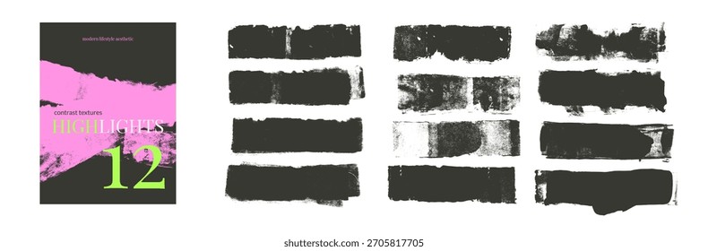 Grunge strukturierte Highlights für Textfelder. Dicke handgefertigte Linien. Handgezeichnete Formen mit schwarzer Tinte zur Hervorhebung und Unterstreichung von Nachrichten. Promotion Verkauf fett geraden Streifen. Vektorbetonungslinien einzeln.