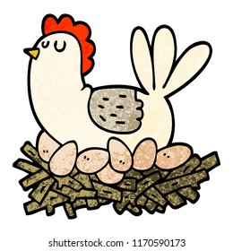 grunge textured illustration cartoon chicken on nest of eggs