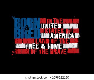 Grunge Textured Illustration of the phrase “Born and Bred in the USA Land of the Free Home of the Brave”  depicted as an American Flag. Custom Lettering