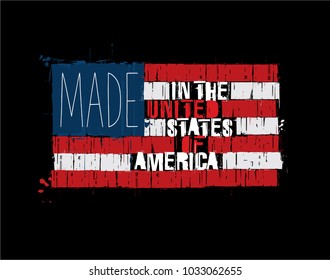 Grunge Textured Illustration of the phrase "Made in the USA" depicted as an American Flag. Custom Lettering