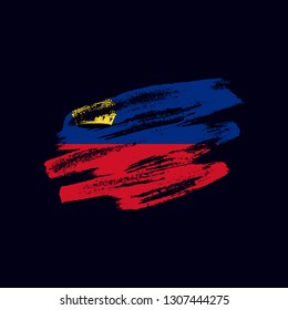 Grunge textured Liechtensteiner flag. Vector brush painted flag of Principality of Liechtenstein isolated on dark blue background. Frayed and scratched the national symbol of the European country