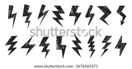 Grunge textured lightning bolt shapes. Rough electric power energy strike symbols, distressed thunderbolt silhouettes and power flash with scratched texture vector set.