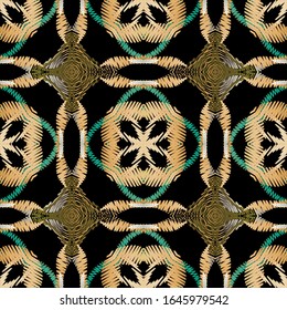 Grunge textured lines vector seamless pattern. Floral tribal ethnic tapestry background. Repeat embroidery grungy backdrop. Abstract hatched ornament. Geometry shapes, lines, flowers. Endless texture.