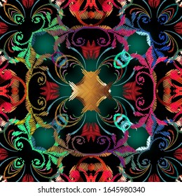 Grunge líneas texturadas vectorial sin fisuras. Fondo de tapicería de estilo barroco floral. Repita el fondo borroso. Ornamento abstracto eclipsado. Formas geométricas, líneas, flores. Textura sin fin.