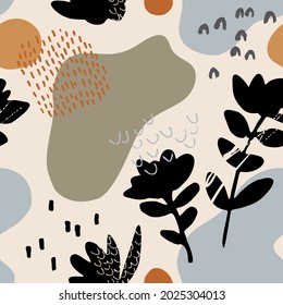 Grunge textured organic shapes and cut out flowers seamless pattern. Vector background with florals silhouettes, abstract geometric shapes. Hand drawn illustration for summer design, prints, wallpaper