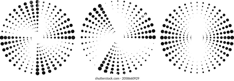 Grunge textured radial halftone dots in Circle Form . fireworks Explosion background . Vector Illustration . Sun
round Logo . Circular Design element . Abstract Geometric half tones . Sunburst 