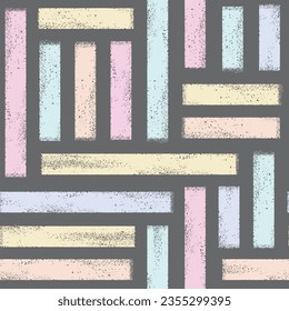 Grunge textured rectangle blocks vector seamless pattern. Pastel color chalk, crayon, charcoal lines on dark background.