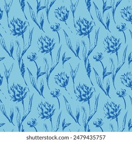 Grunge textured seamless floral pattern. Decorative Trace flowers and leaves ornament. Texture silhouette flower print. Blossom celosias ornaments for fashion textile, sport clothes, wrapping paper.