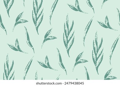 Grunge textured seamless floral pattern. Trace eucalyptus leaves ornament. Texture silhouette mint print. Blossom ornaments for fashion textile, sport clothes, wrapping paper.