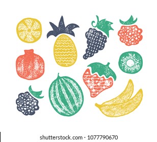 Grunge textured set of isolated fruits' vector illustrations. 