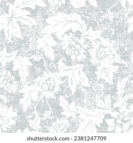 Grunge textured Silhouette white dahlia.Seamless pattern. Vector graphic flowers on blue linen textured background.