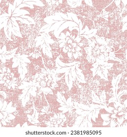 Grunge textured Silhouette white dahlia.Seamless pattern. Vector graphic flowers on light pink linen textured background.
