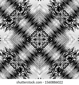 Grunge textured silver vector seamless pattern. Geometric dirty black and white grungy background. Rough repeat symmetrical backdrop. Decorative ornate design with stripes, shapes, lines, rhombus.