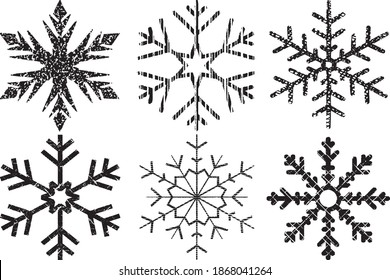 Grunge Textured Snowflakes Collection. Can be used as Banners, Insignias or Badges. Vector Distressed Texture Set. Blank Geometric Shapes. Vector Illustration. Black isolated on white. EPS10.