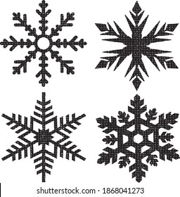 Grunge Textured Snowflakes Collection. Can be used as Banners, Insignias or Badges. Vector Distressed Texture Set. Blank Geometric Shapes. Vector Illustration. Black isolated on white. EPS10.