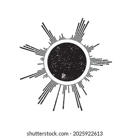 Grunge textured solar symbol . Vector illustration . Vintage sun logo . Minimal design element . Abstract geometric shape . Sunburst .