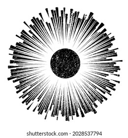 Grunge textured solar symbol . Vector illustration . Vintage sun logo . Minimal design element . Abstract geometric shape . Sunburst .