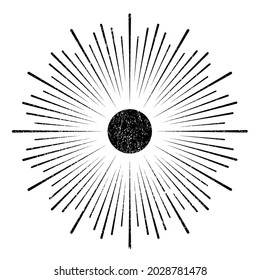 Grunge textured solar symbol . Vector illustration . Vintage sun logo . Minimal design element . Abstract geometric shape . Sunburst .