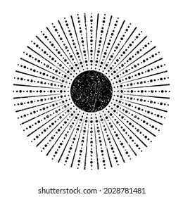 Grunge textured solar symbol . Vector illustration . Vintage sun logo . Minimal design element . Abstract geometric shape . Sunburst .