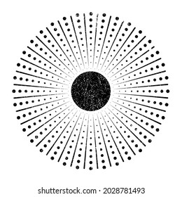 Símbolo solar grunge texturado. Ilustración del vector. Logo del sol vintage. Elemento de diseño mínimo. Forma geométrica abstracta . Salto de sol.