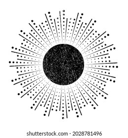 Grunge textured solar symbol . Vector illustration . Vintage sun logo . Minimal design element . Abstract geometric shape . Sunburst .