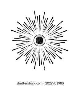 Grunge textured solar symbol . Vector illustration . Vintage sun logo . Minimal design element . Abstract geometric shape . Sunburst .