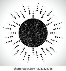 Grunge textured solar symbol . Vector illustration . Vintage sun logo . Minimal design element . Abstract geometric shape . Sunburst .