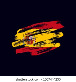Grunge textured Spanish flag. Vector brush painted flag of Kingdom of Spain isolated on dark blue background. Frayed and scratched the national symbol of the European country