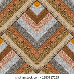 Grunge textured striped 3d vector seamless pattern. Grungy ornamental geometric colorful stripes background. Surface endless texture. Repeat tiled ornate backdrop. Geometrical tiles, shapes, rhombus.