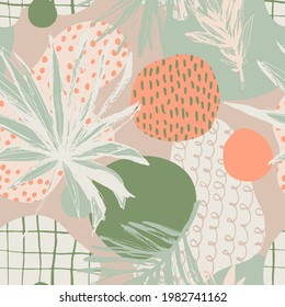 Motif harmonieux de feuilles tropicales à texture grunge. Arrière-plan vectoriel avec feuilles de palme, plante de la monstère et formes géométriques abstraites. Illustration tropicale dessinée à la main pour le design d'été, les impressions, le fond d'écran