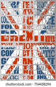 Grunge textured words cloud relative to politic situation between Great Britain and European Union. Brexit named politic process. Flag of the United Kingdom