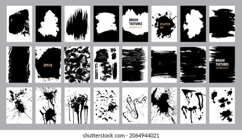 Grunge textures collection. Abstract hand drawn backgrounds. Graffiti, brush strokes, spray effect, spots, ink splashes. Sketch monochrome vector illustrations isolated on white background.