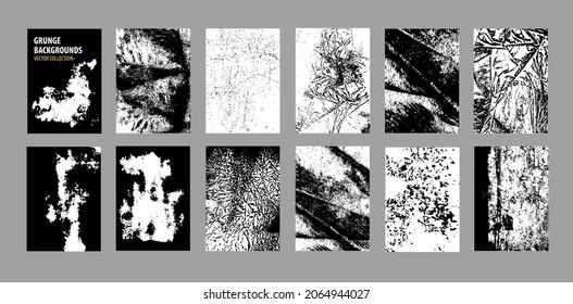 Grunge textures collection. Abstract hand drawn backgrounds. Graphic elements: cracks, dots, spray effects, spots, scratches. Sketch monochrome vector set.