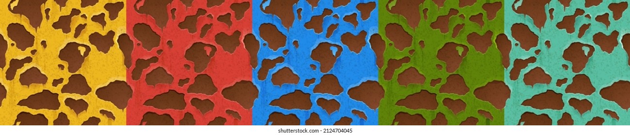 Grunge textures of old metal wall with rust and peeling paint for game background. Vector cartoon set of seamless patterns of weathered surface with flaky paint and rusty stains