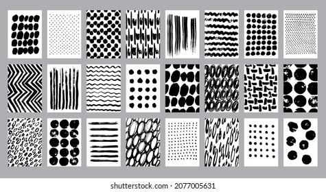 Grunge textures set. Abstract hand drawn backgrounds. Brush strokes, dots, spots, waves, stripes. Sketch monochrome vector illustrations isolated on a white background.