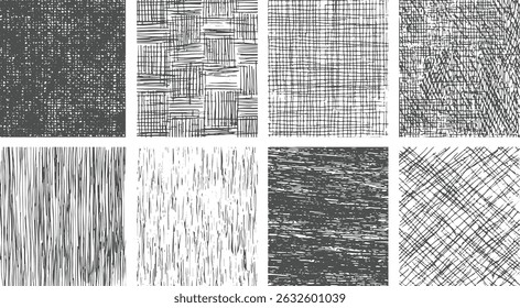 Conjunto de texturas Grunge. Coleção de vetor, aflição, texturas, Padrões de hachura de linha, vetor de textura de hachura transversal fundos sem costura de vintage desenhado à mão 