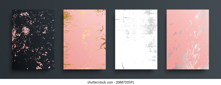Grunge textures set. Pink, white, black, silver and gold backgrounds with grungy effect for your graphic design. Luxury covers collection. Vector illustration.
