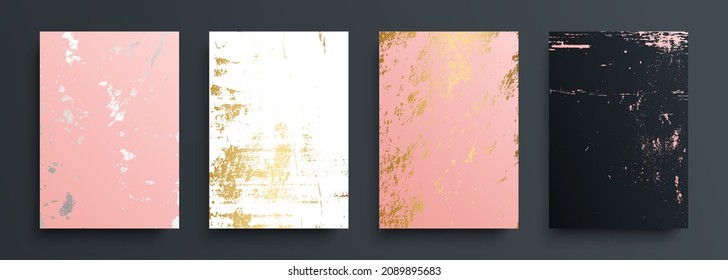 Grunge textures set. Silver, gold, pink, white and black backgrounds with grungy effect for your graphic design. Luxury covers collection. Vector illustration.