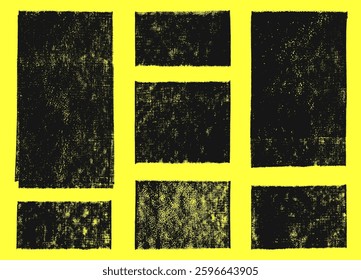 Grunge textures vector, relief printing rectangle shapes, wide stripes rough linocut set. Paint roller stains, lino ink grungy geometric figures. Artistic scuffed textured backgrounds, text frames