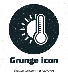 Grunge Thermometer with sun icon isolated on white background.  Vector Illustration