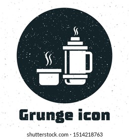 Grunge Thermos container icon isolated on white background. Thermo flask icon. Camping and hiking equipment.  Vector Illustration
