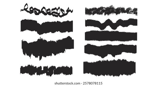 Grunge thick brush highlights set. Line torn shapes modern black. Vector hand drawn underline textures collection illustration isolated on white background.