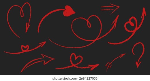 Setas de coração texturizadas de giz fino Grunge ajustadas. Símbolo de escola de traçado de pincel com ponteiro. Direção à mão livre do carvão do lápis. Curva de rabisco, seta de esboço ondulada. Desenhar a mão desenhada ilustração de vetor isolada