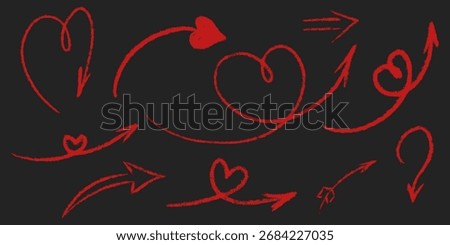 Grunge thin chalk textured heart arrows set. Pointer brush stroke school symbol. Pencil charcoal freehand direction. Scribble curve, wavy sketch arrow. Doodle hand drawn isolated vector illustration