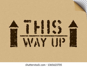 Grunge This way up cargo box sign stamp with arrows on craft cardboard paper background for logistics. Pictogram shows top. Vector illustration