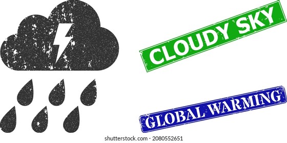 Grunge thunder cloud icon and rectangle scratched Cloudy Sky stamp. Vector green Cloudy Sky and blue Global Warming watermarks with scratched rubber texture,