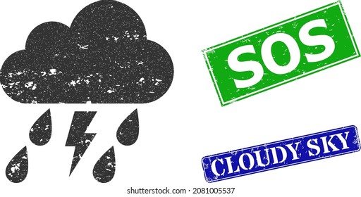 Grunge thunder storm cloud icon and rectangle corroded Sos seal stamp. Vector green Sos and blue Cloudy Sky watermarks with corroded rubber texture, designed for thunder storm cloud illustration.