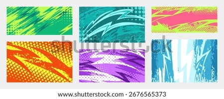 Grunge thunderbolt backgrounds. Lightning strikes with halftone textures and dynamic brush strokes. Abstract electric templates with storm bolt shapes. High voltage and power vector set.
